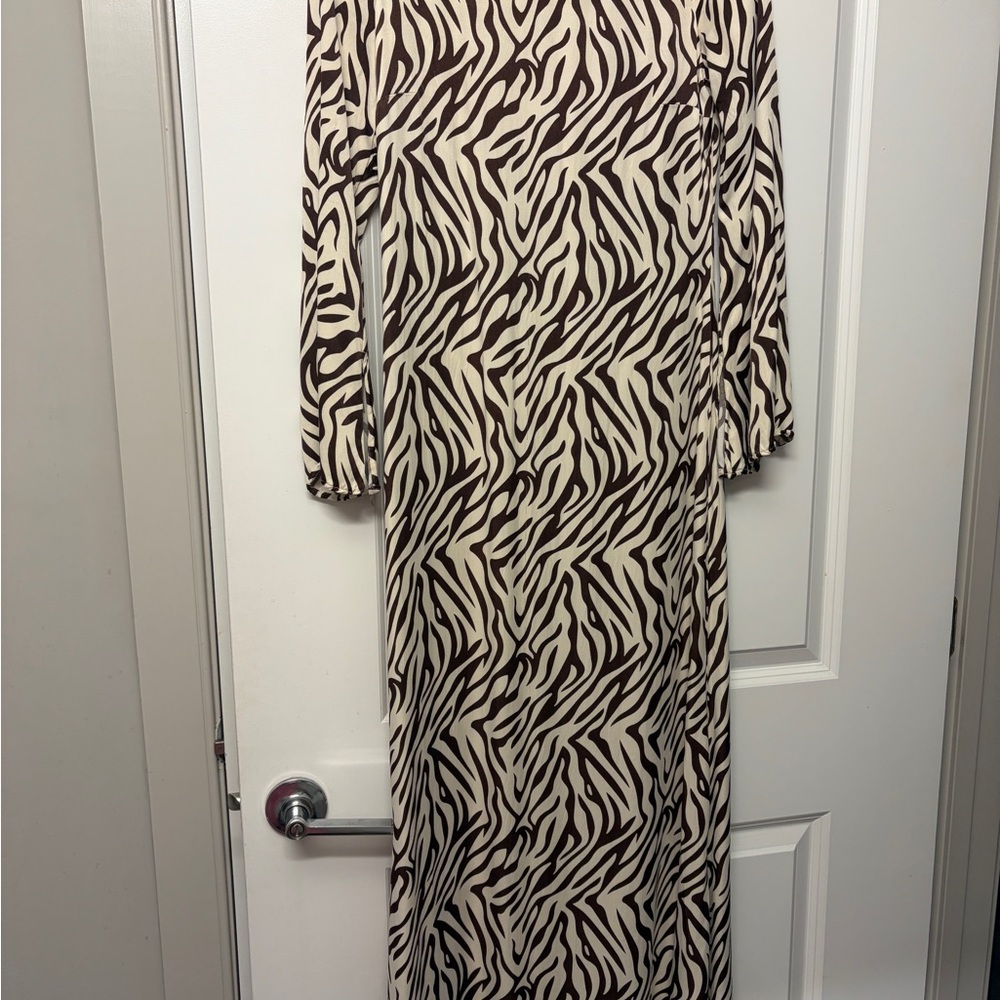 Anthropologie Long Sleeve Zebra Print Maxi Dress in Cream and Brown